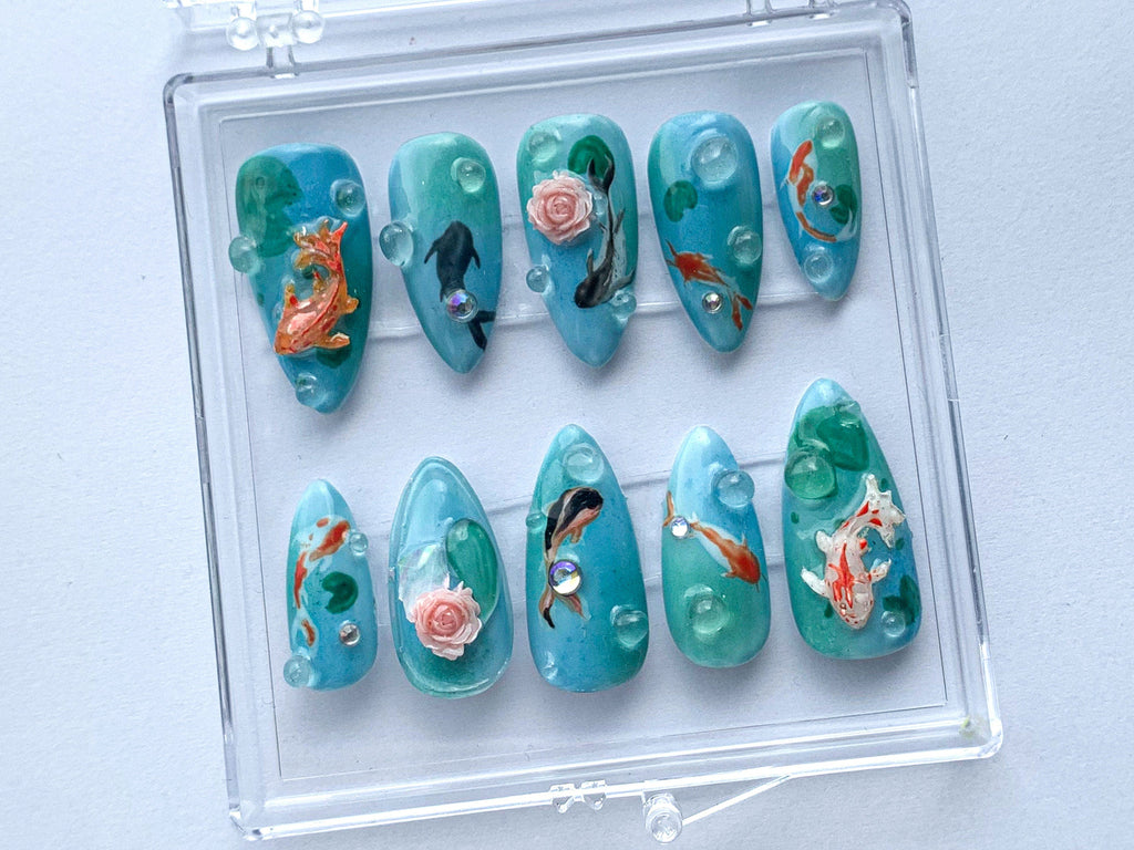 Ocean-Inspired Press On Nails, Hand Painted Koi Fish Nail Art, Blue with Underwater