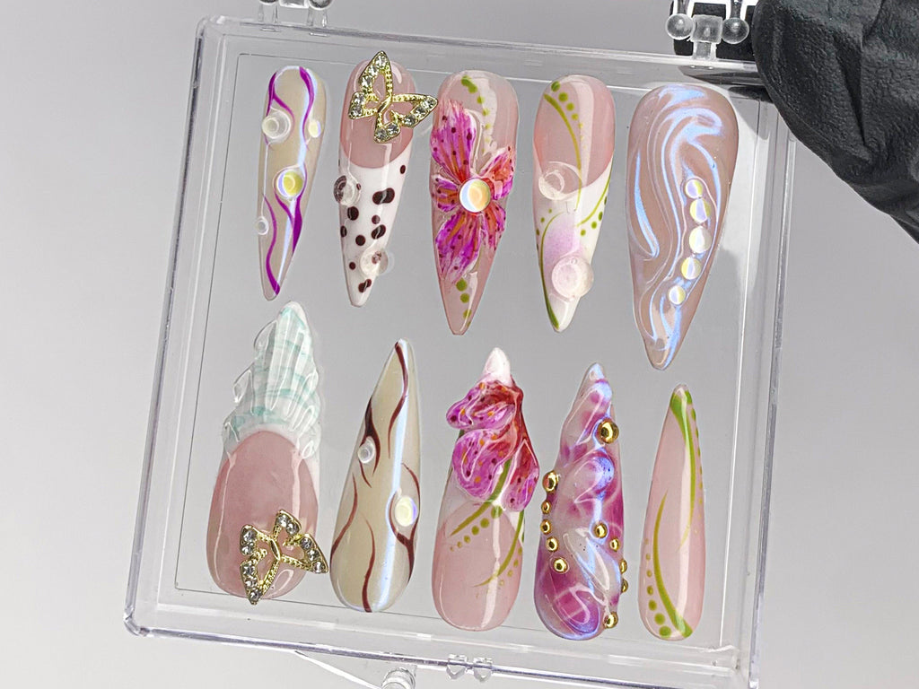 Luxurious butterfly Press On Nails, Stunning 3D Floral On Fake Nails, French Tips Nail