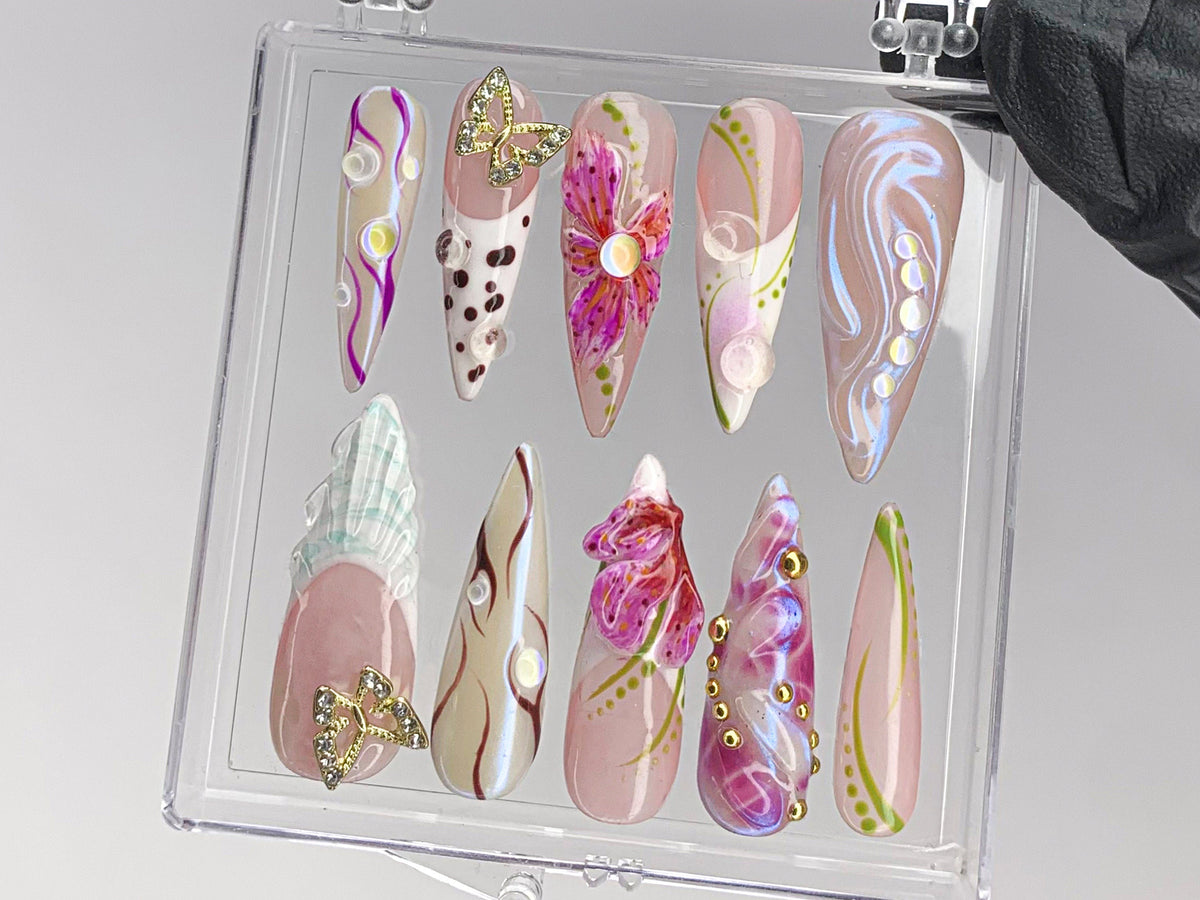 Luxurious butterfly Press On Nails, Stunning 3D Floral On Fake Nails, French Tips Nail