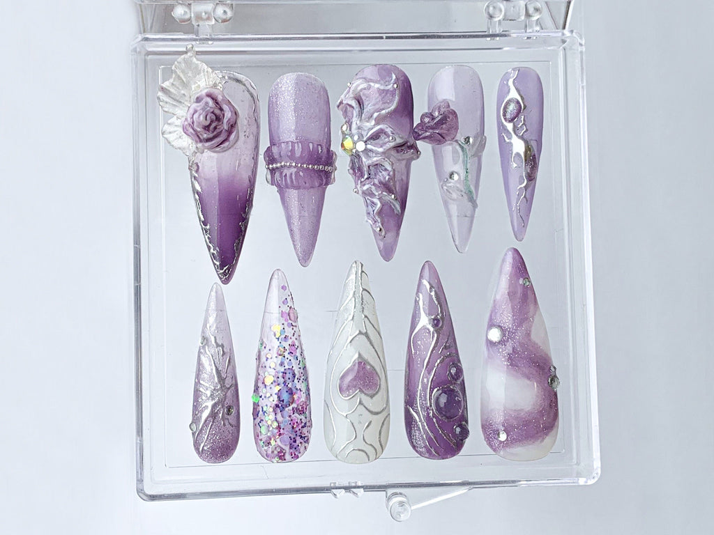 Free-Style Almond Press On Nails, Rosy Purple Press Ons, heart patterns nail art, Floral