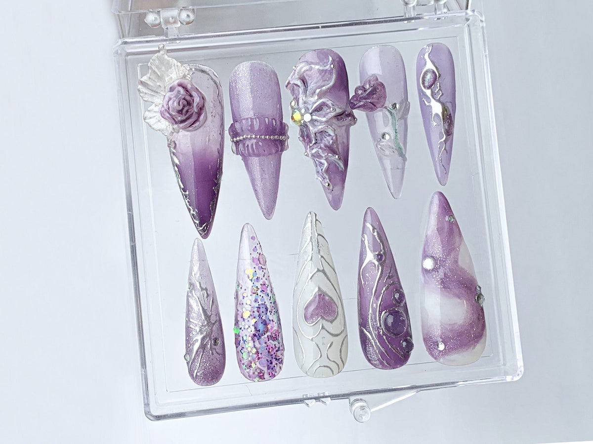 Free-Style Almond Press On Nails, Rosy Purple Press Ons, heart patterns nail art, Floral
