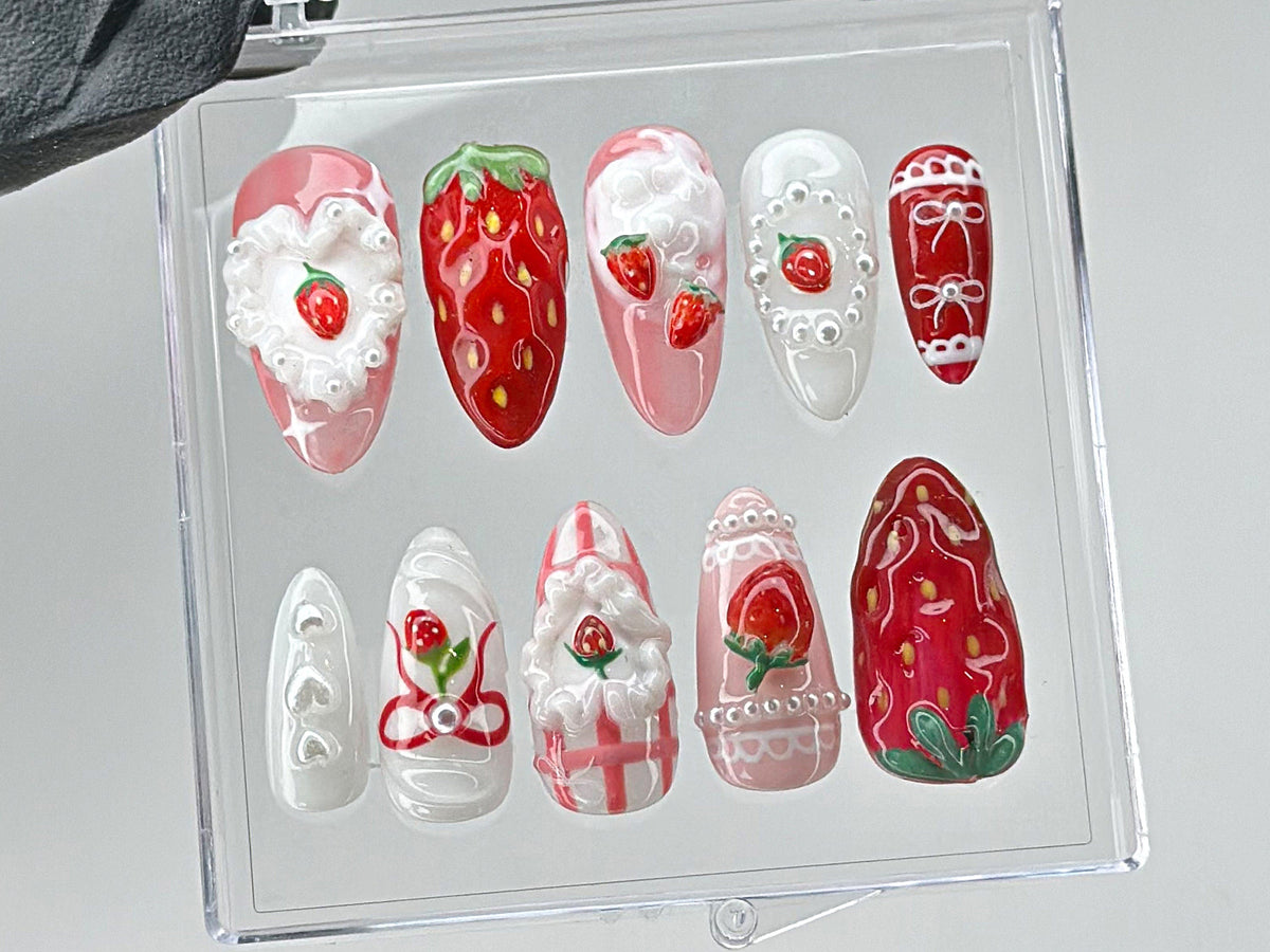 Dreamy Pink Press On Nails, Nail Set With Strawberry Design Fake nails, Adorable 3D