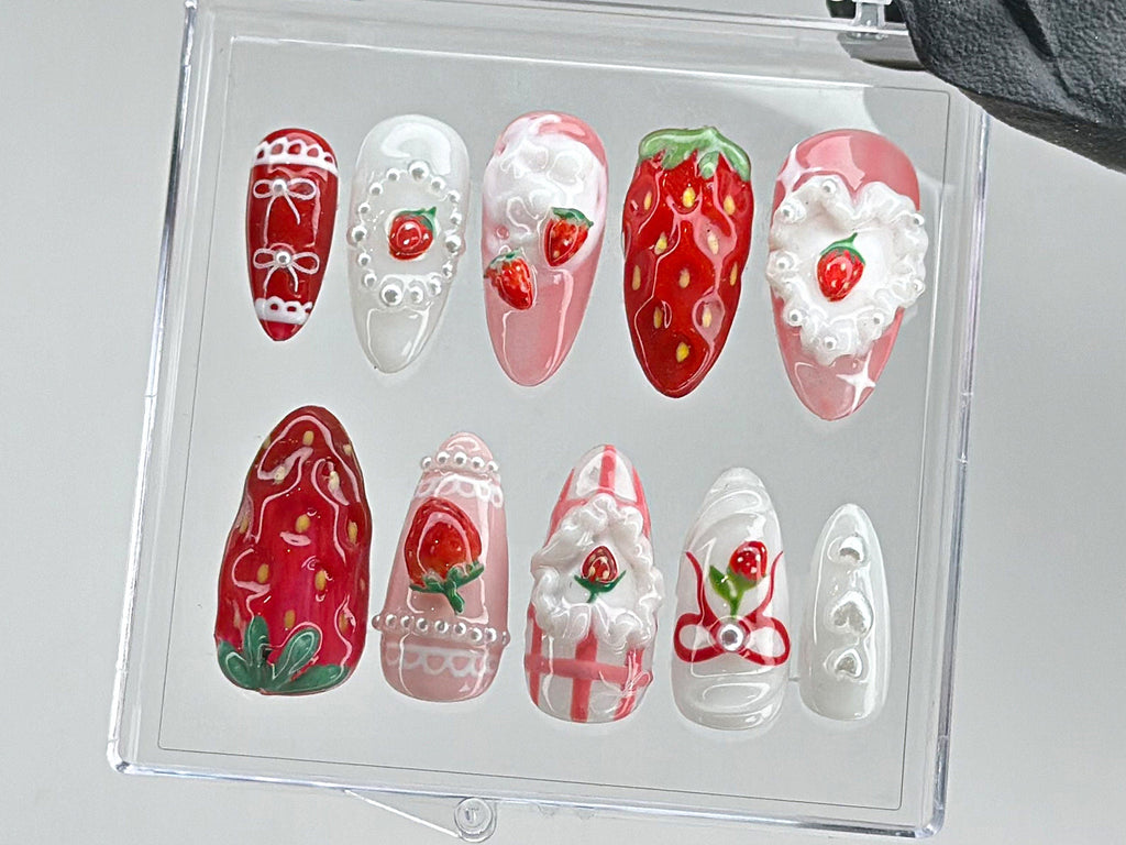Dreamy Pink Press On Nails, Nail Set With Strawberry Design Fake nails, Adorable 3D