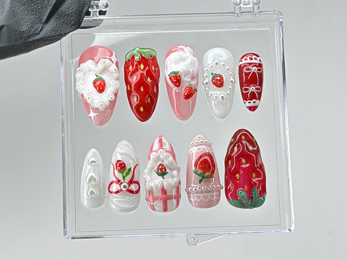 Dreamy Pink Press On Nails, Nail Set With Strawberry Design Fake nails, Adorable 3D