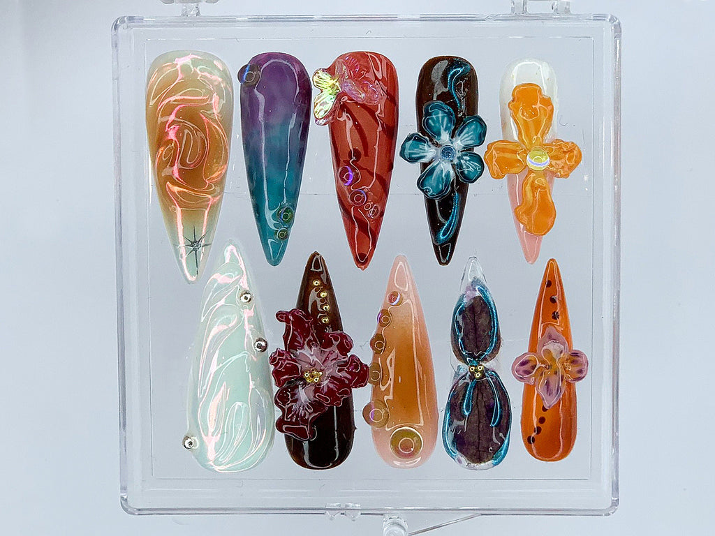 Custom Flower Fairycore Nails, Press On Nails Almond, Dreamy 3D Orchad Floral Press-Ons