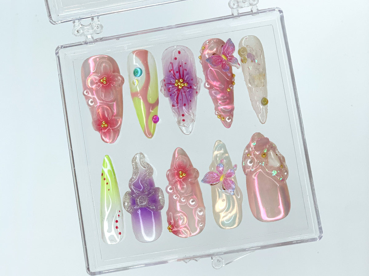 Dreamy Garden Press On Nails Almond, Butterfly Charms, 3D FairyCore Flower Press Ons