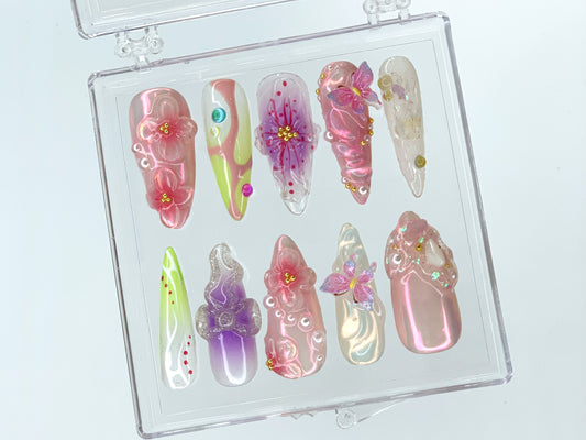Dreamy Garden Press On Nails Almond, Butterfly Charms, 3D FairyCore Flower Press Ons