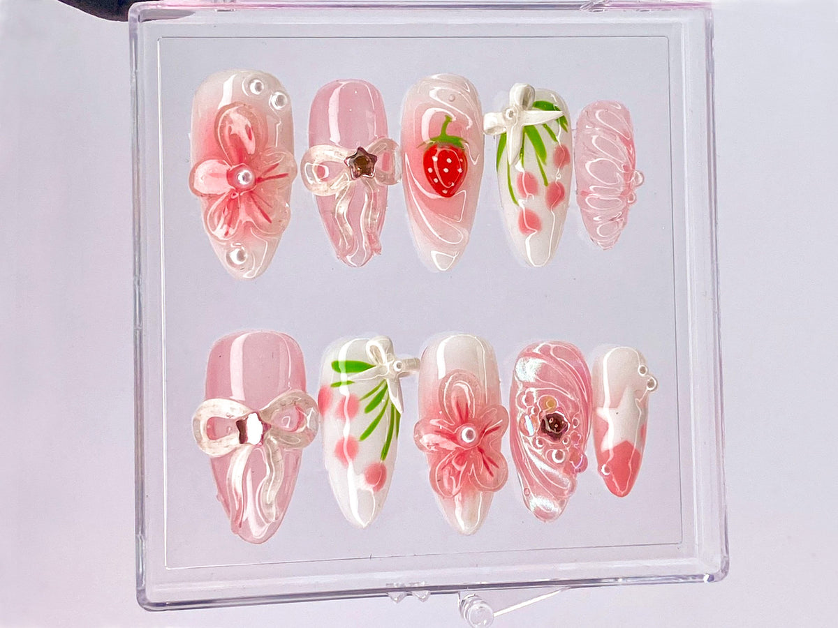 Sweet Strawberry Charm Press On Nail, Pink Bows and Flowers Nail, Floral Strawberry