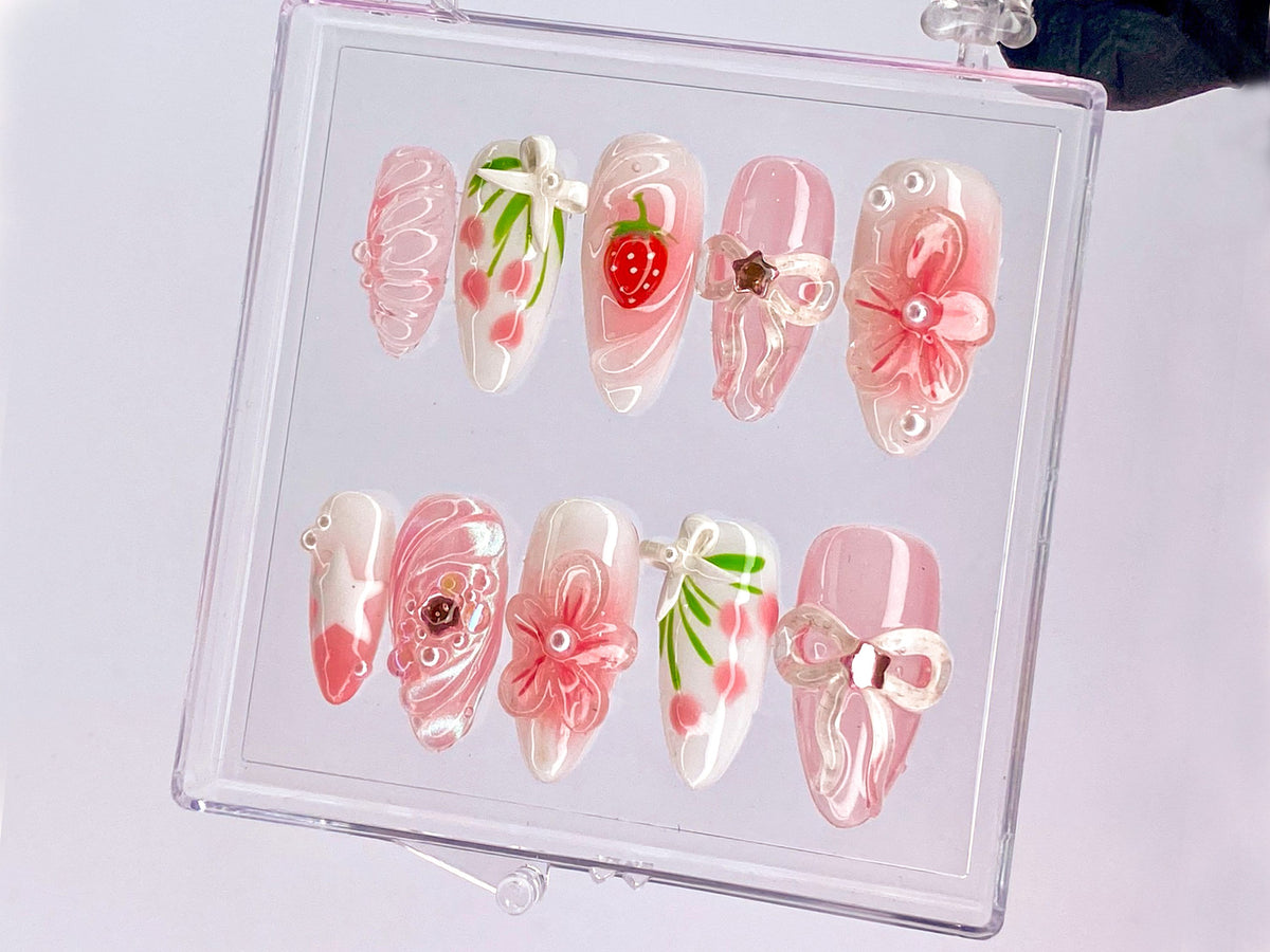 Sweet Strawberry Charm Press On Nail, Pink Bows and Flowers Nail, Floral Strawberry