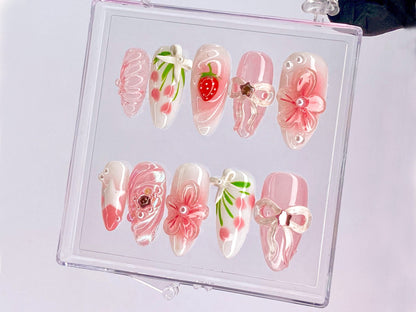 Sweet Strawberry Charm Press On Nail, Pink Bows and Flowers Nail, Floral Strawberry