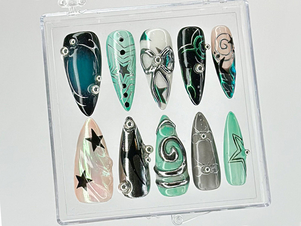 Galaxy Star Press On Nails, Customizable Acrylic Nails with Rhinestones, Cosmic Nail