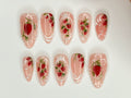 Pink Strawberry Garden Nails, Stand Out with 3D Gel Nail Set, Floral and Strawberry