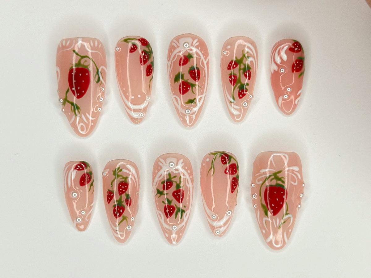 Pink Strawberry Garden Nails, Stand Out with 3D Gel Nail Set, Floral and Strawberry