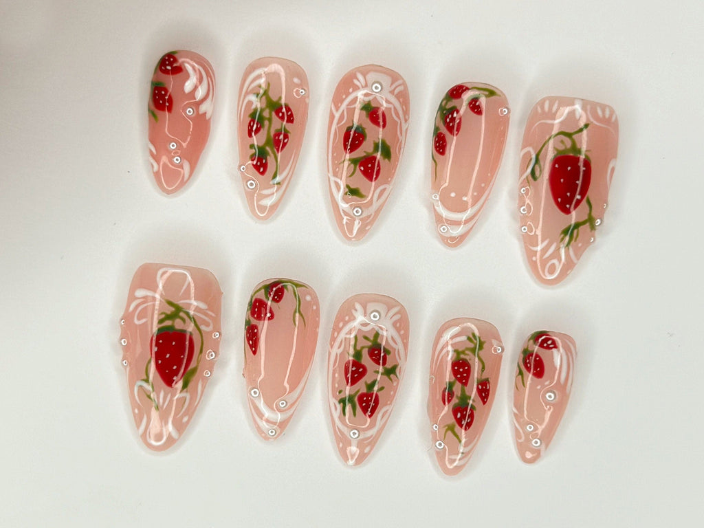 Pink Strawberry Garden Nails, Stand Out with 3D Gel Nail Set, Floral and Strawberry