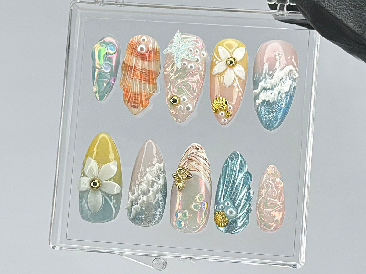 Ocean Dream Press On Nails, Aquatic Elegance Nail Art, Unique Press Ons with Pearl, summer