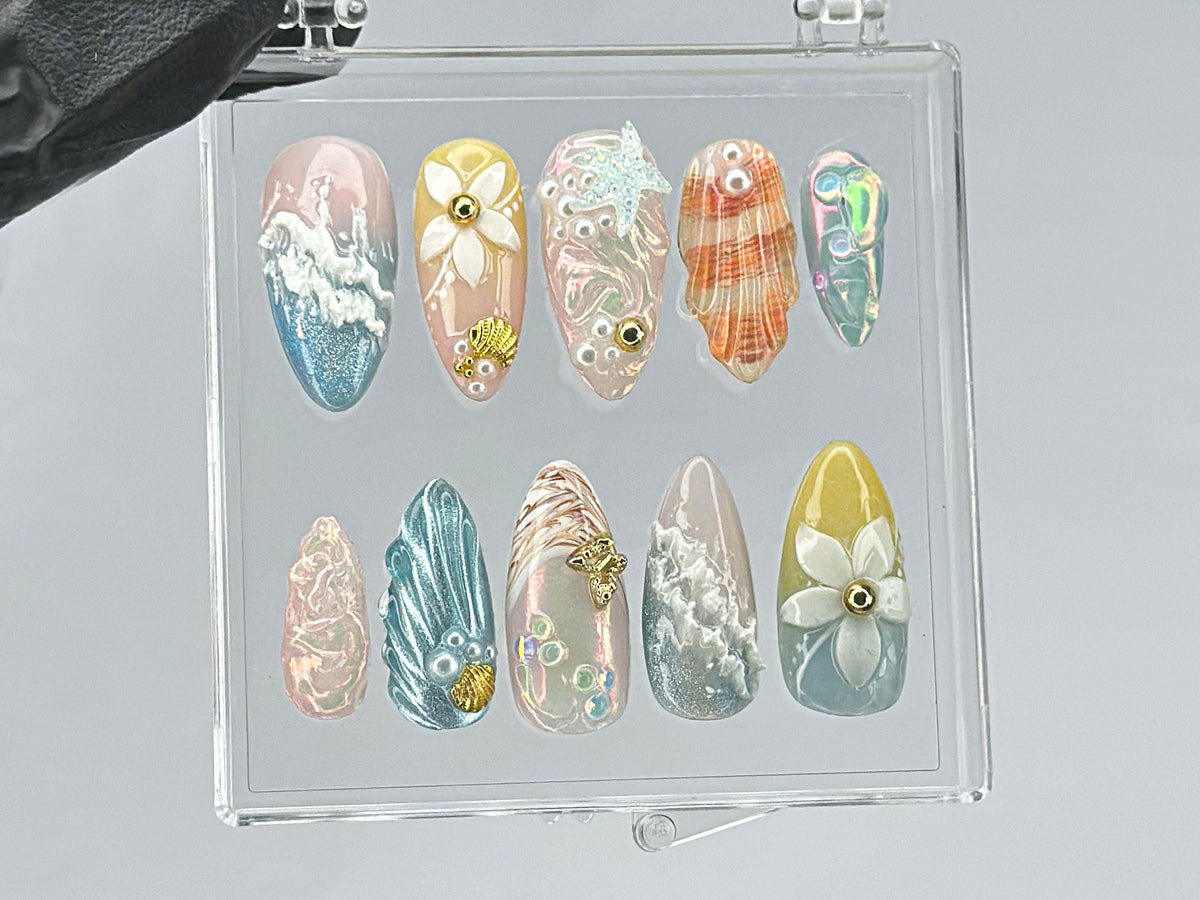 Ocean Dream Press On Nails, Aquatic Elegance Nail Art, Unique Press Ons with Pearl, summer