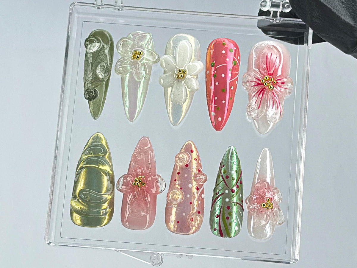 Garden Blossom Press On Nails, Unique Acrylic Press On Nails, Fake Nails, Nature
