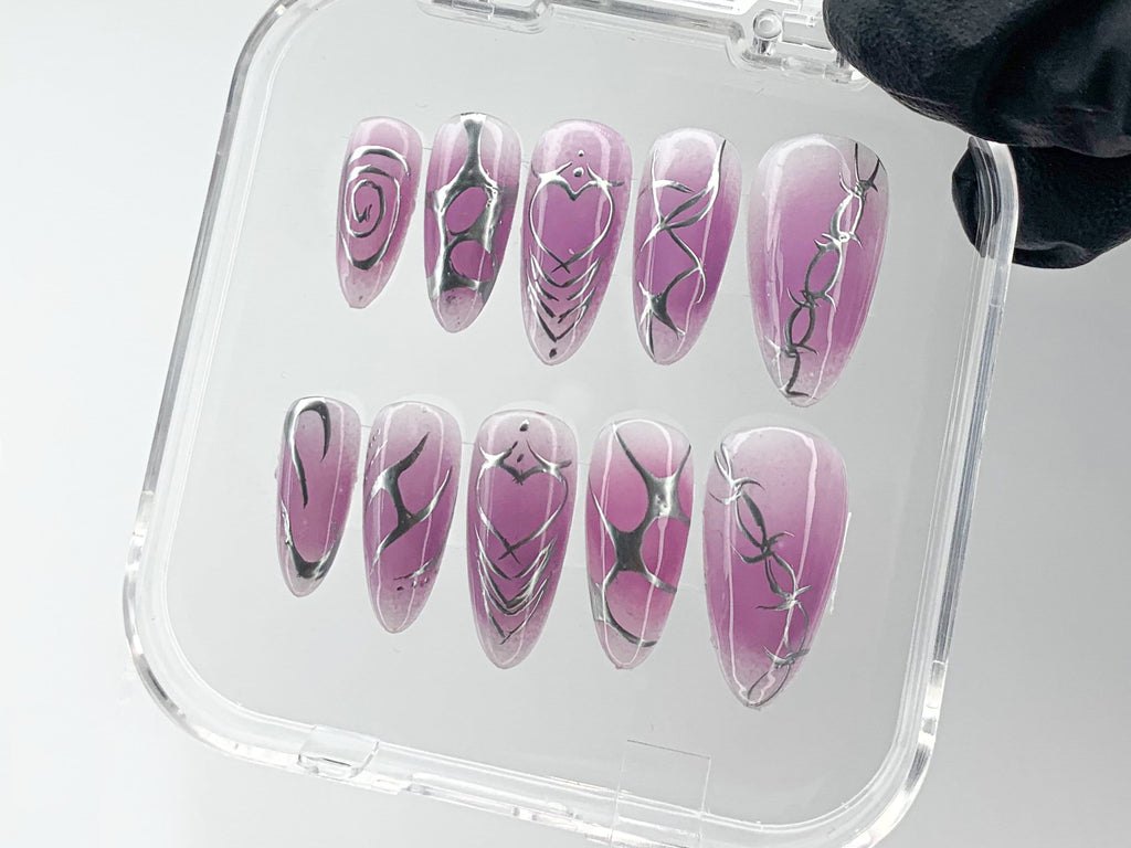 Enchanting Ombre Purple Press On Nails, Detailed Silver Feather Nail Art, Luxurious
