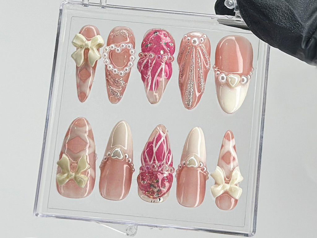 Romantic Bows Press On Nails, Custom Pearl and Glitter Patterns On Fake Nails, French
