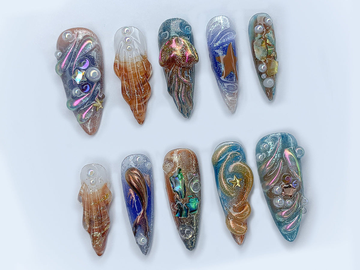 Free Style Chrome Press On Nails, Custom Colorful 3D Metallic Jellyfish Gel Nail Art, Blue