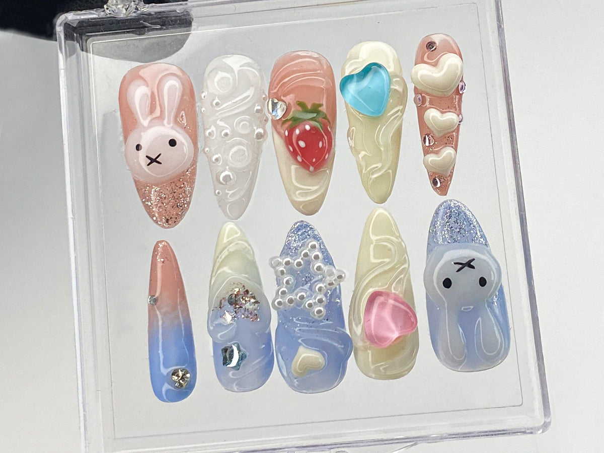 Cartoon Miffy Press On Nails, Heartbeat Nails Press On, Pink 3D Nail Art, Strawberry