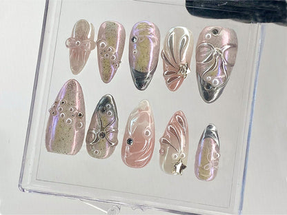 Pink 3D Gel Raised Press On Nail, Fluttery Butterfly Nail Art, Y2K Style Nails, Secret