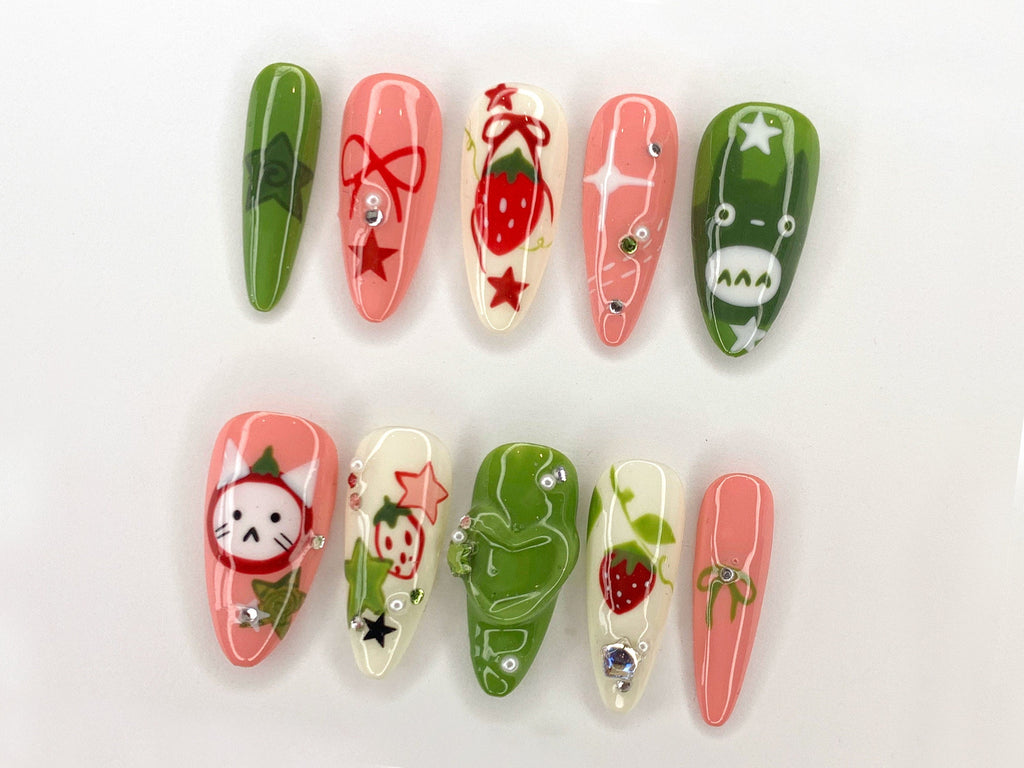 Ghibli Long Almond Press On Nails, Free Style Handpainted Cartoon in Fake Nails, Anime