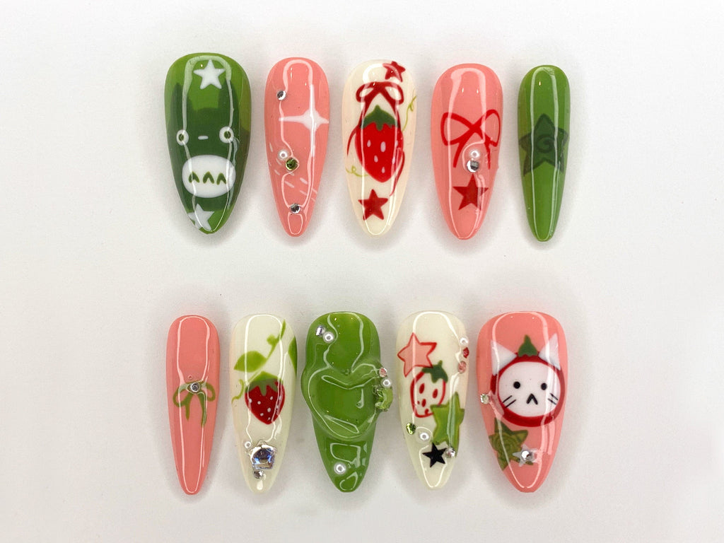 Ghibli Long Almond Press On Nails, Free Style Handpainted Cartoon in Fake Nails, Anime