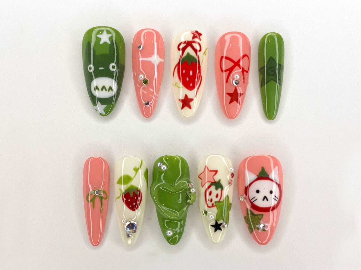 Ghibli Long Almond Press On Nails, Free Style Handpainted Cartoon in Fake Nails, Anime