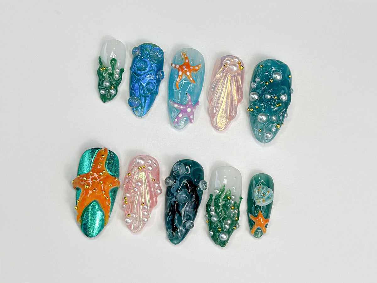 3D Tropical Beach Press On Nails, Ocean-Themed with Seaweed, Seashells, and Starfish