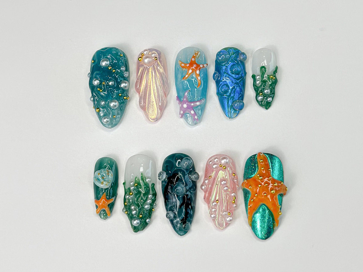 3D Tropical Beach Press On Nails, Ocean-Themed with Seaweed, Seashells, and Starfish
