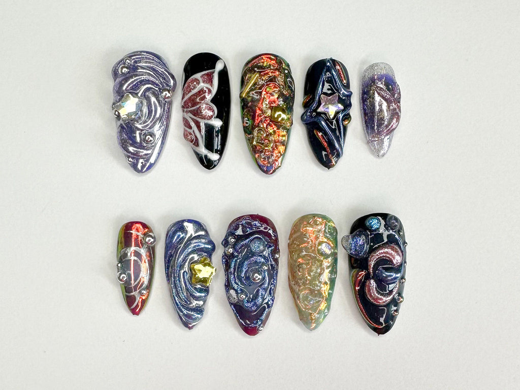 Galactic 3D Press On Nails, Handcrafted Press On Nails with Cosmic and Star Designs