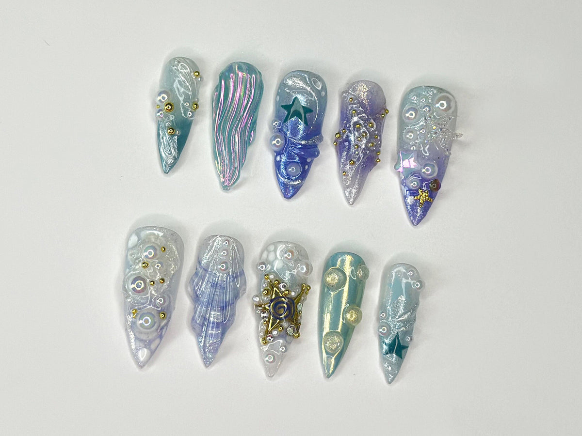 3D Tropical Beach Press On Nails, Ocean-Themed with Seaweed, Seashells, and Starfish