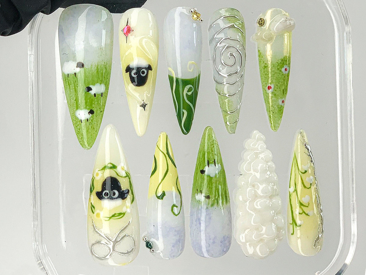 Cute Sheep Press On Nails, Custom Pastel Green Animal Handpainted Nail Art, 3D Gel Nail