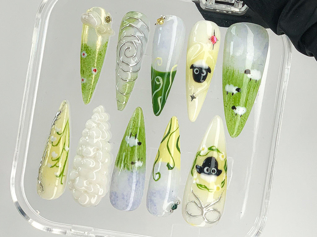 Cute Sheep Press On Nails, Custom Pastel Green Animal Handpainted Nail Art, 3D Gel Nail