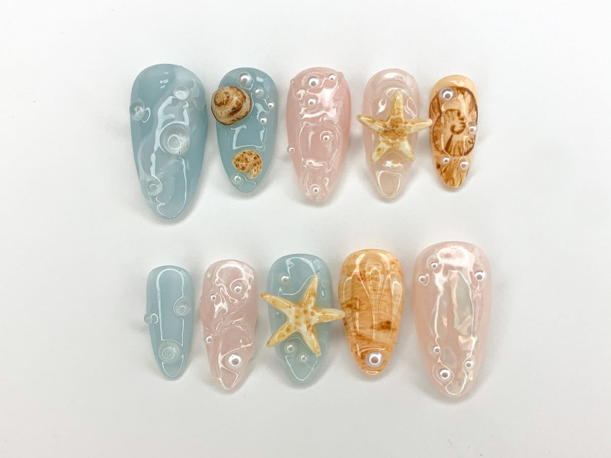 Ocean-Inspired 3D Press On Nails, Beach Theme with Seashells and Starfish, Handmade