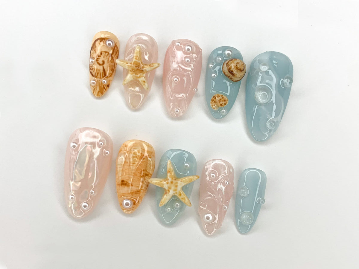 Ocean-Inspired 3D Press On Nails, Beach Theme with Seashells and Starfish, Handmade