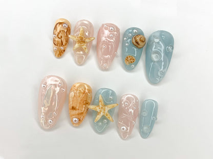 Ocean-Inspired 3D Press On Nails, Beach Theme with Seashells and Starfish, Handmade