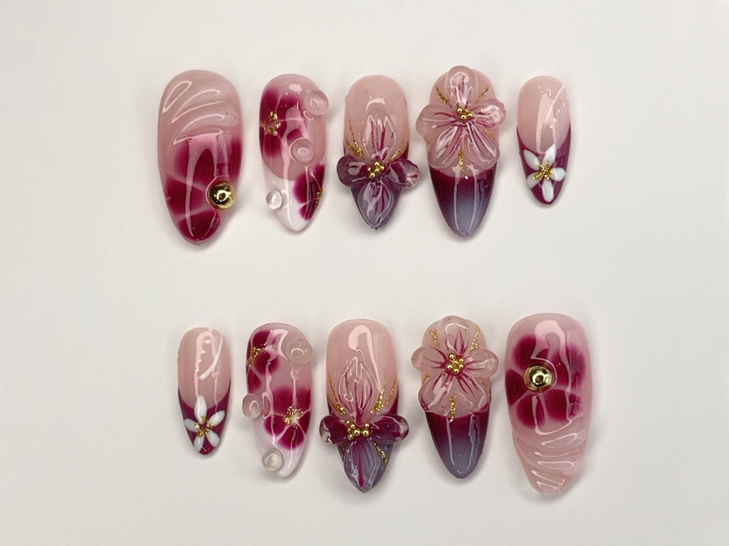 Elegant Floral Press-On Nails, Handcrafted Pink - Burgundy Gradient, 3D Flowers