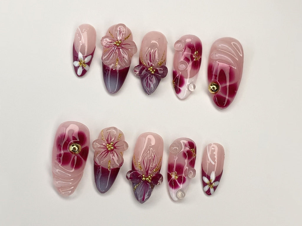 Elegant Floral Press-On Nails, Handcrafted Pink - Burgundy Gradient, 3D Flowers