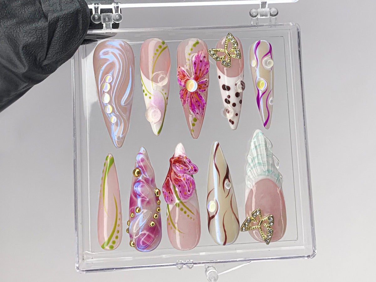Luxurious butterfly Press On Nails, Stunning 3D Floral On Fake Nails, French Tips Nail