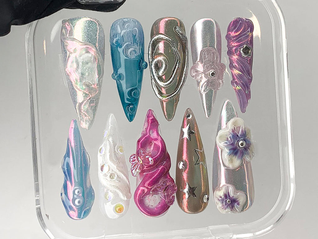 Free Style 3D Flower Press On Nails, Spring Garden Theme Custom Floral Nails, Fairy Tale