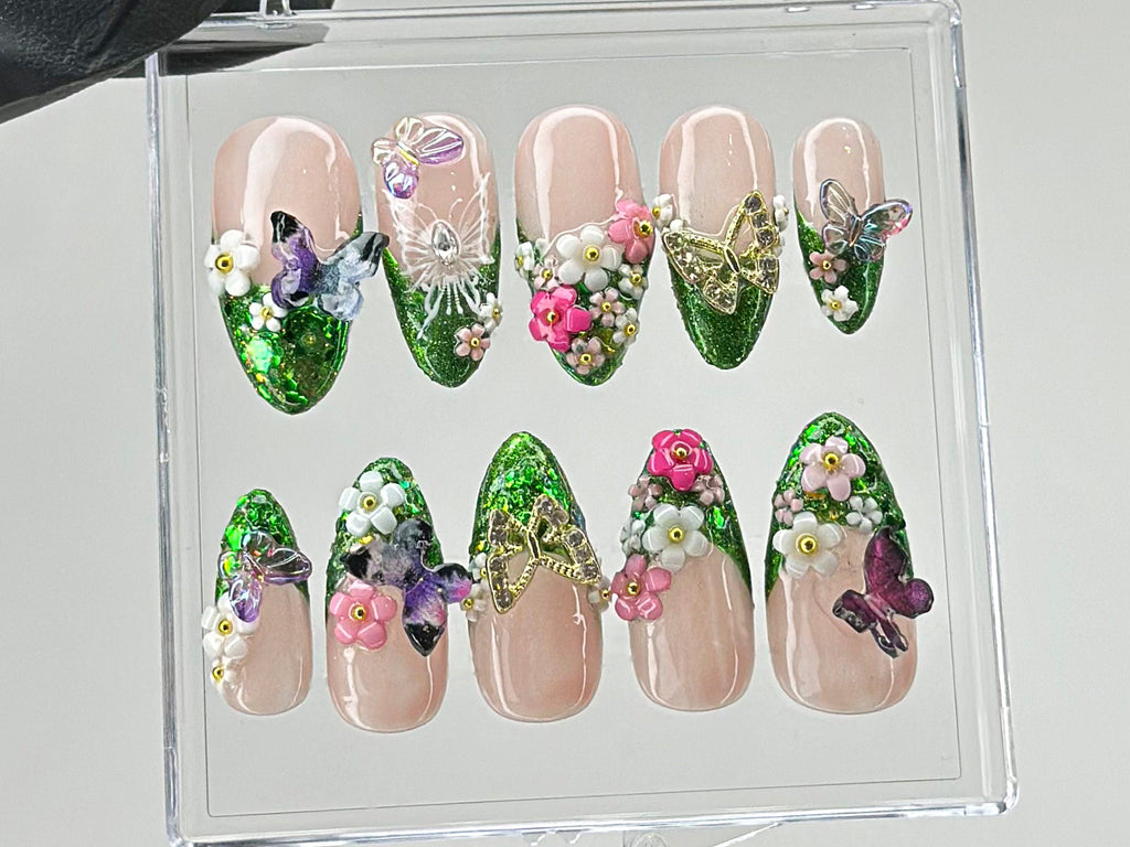 Luxury Green Glitter Press On Nails, Handcrafted Secret Garden Press On Nails, 3D