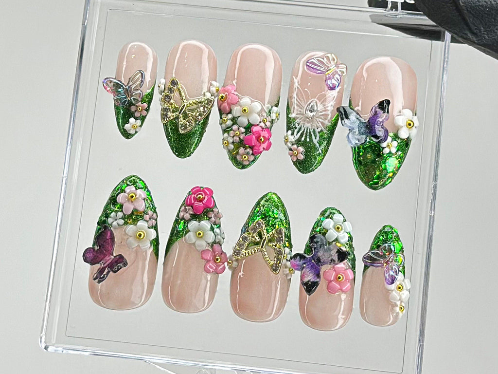 Luxury Green Glitter Press On Nails, Handcrafted Secret Garden Press On Nails, 3D