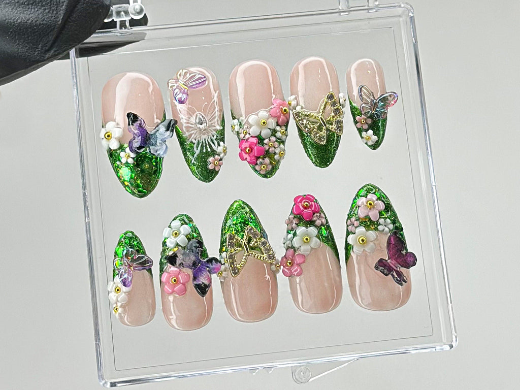 Luxury Green Glitter Press On Nails, Handcrafted Secret Garden Press On Nails, 3D