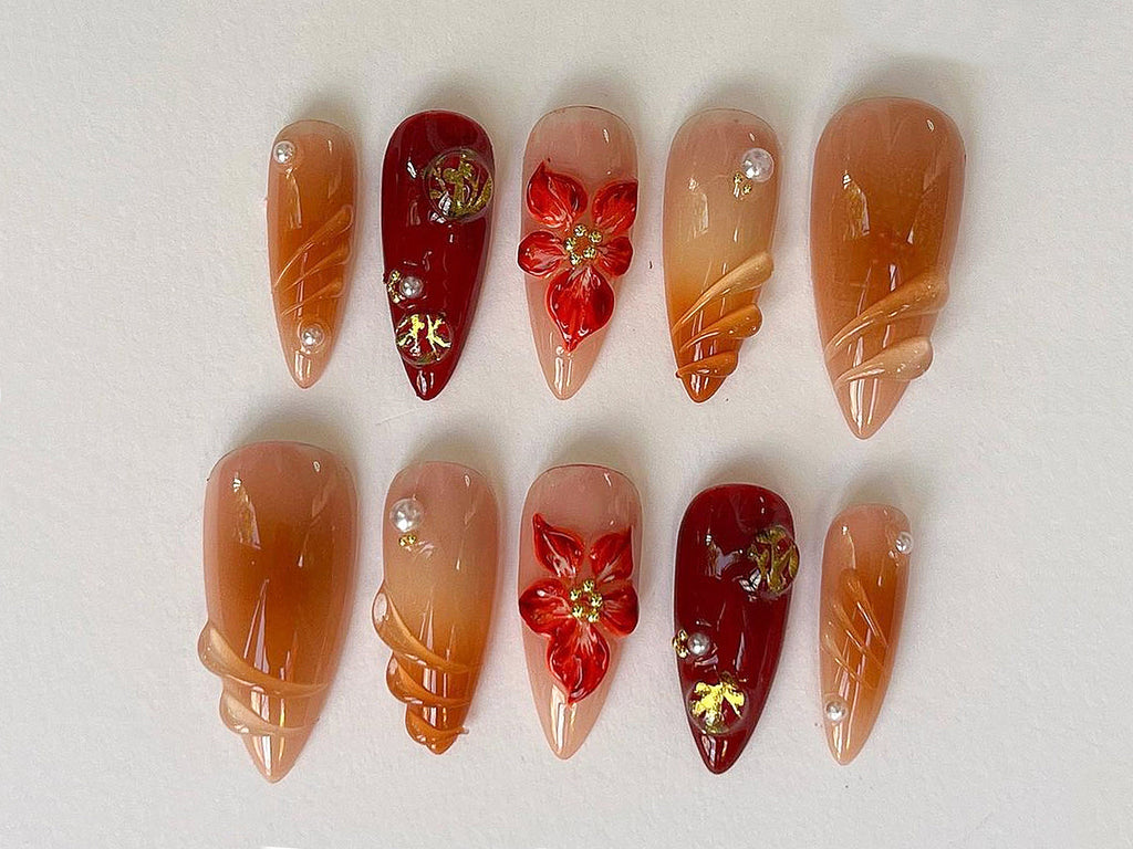 Custom Flower Fairycore Nails, Press On Nails Almond, Dreamy 3D Orchad Floral Press-Ons