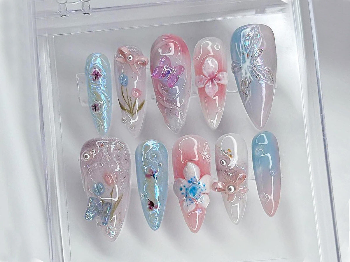 Enchanted Garden Press-On Nails, Floral and Butterfly 3D Nail Art, Handcrafted Fake Nails