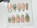 Green French Tips Press On Nails, Luxury False Nails with Floral and Leaf Designs, 3D