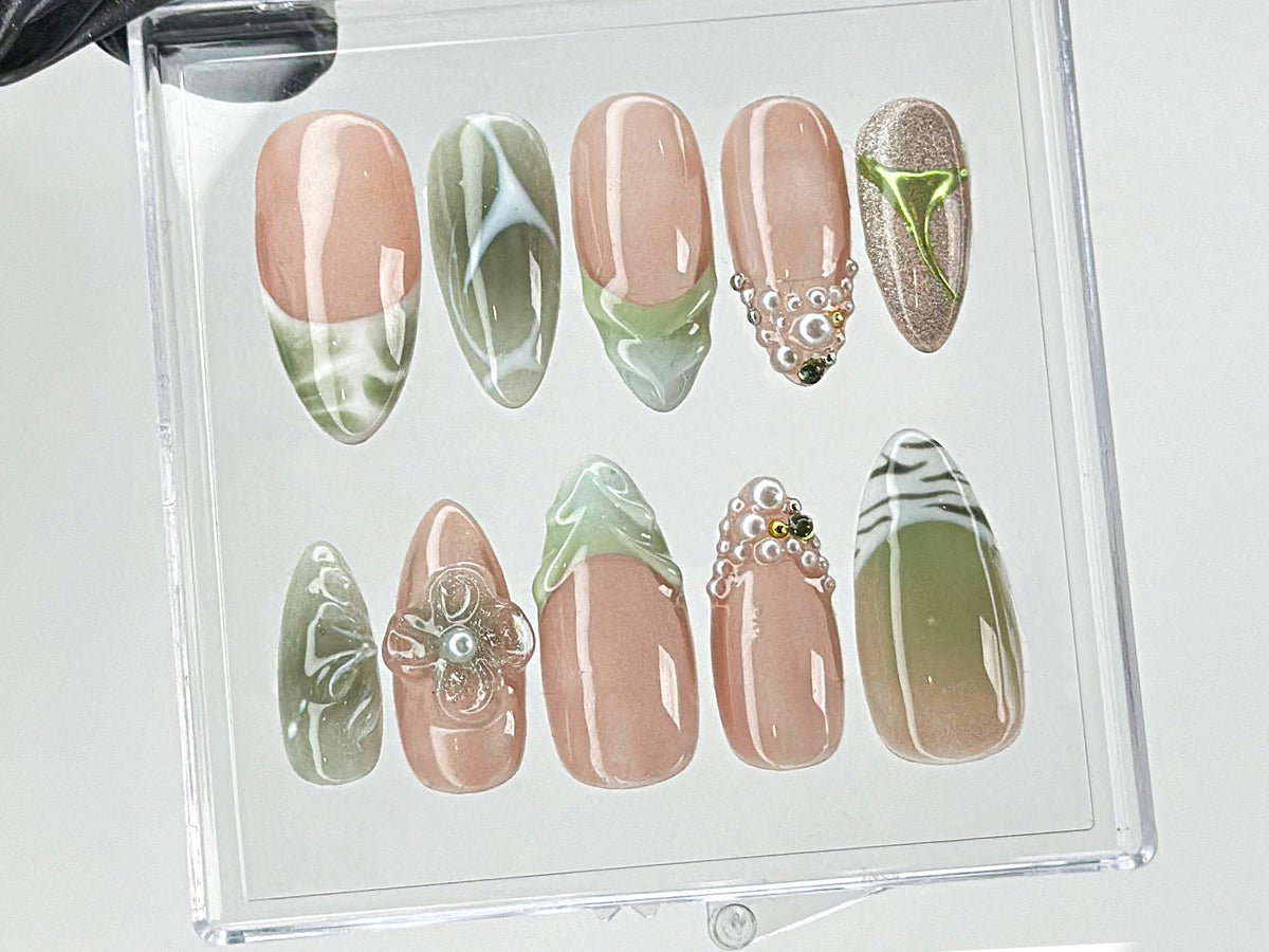 Green French Tips Press On Nails, Luxury False Nails with Floral and Leaf Designs, 3D