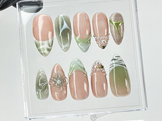 Green French Tips Press On Nails, Luxury False Nails with Floral and Leaf Designs, 3D